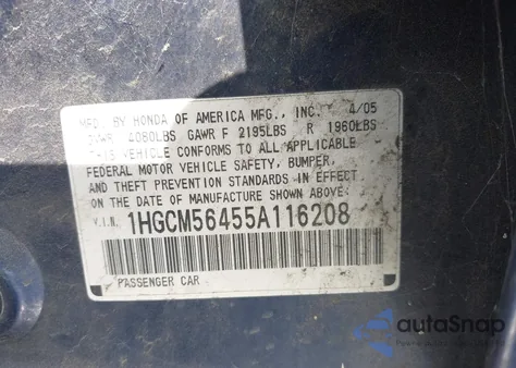 2005 Honda Accord 2.4 Lx из США, поврежденный, VIN 1HGCM56455A116208